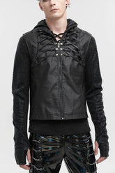 Gilet Punk pour Homme en Coton Micro Stretch Noir avec Col Montant et Cordon à l'Avant et à l'Arrière